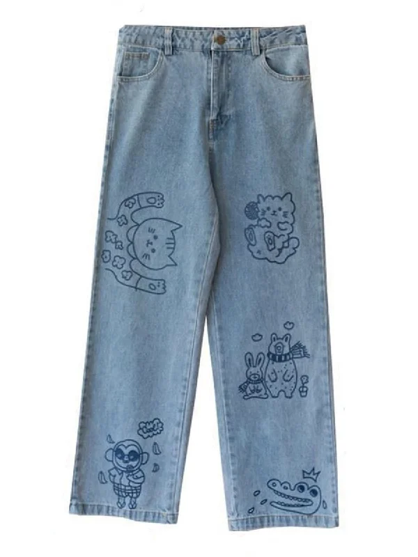 Amy Fashion - Kawaii Cute Cat Print Jeans