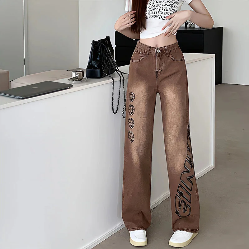 Amy Fashion - Letter Print Fashion Y2K Demin Jeans