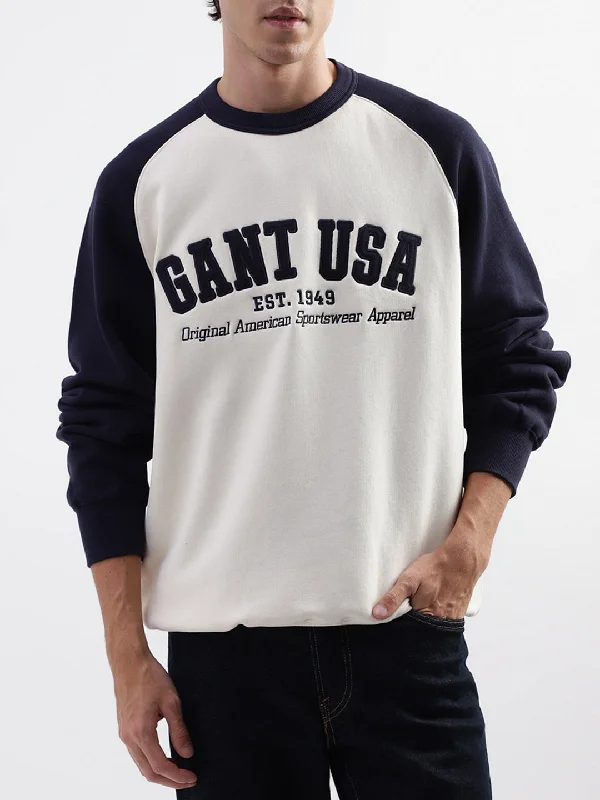 Gant Men Cream Colour Blocked Round Neck Sweatshirt