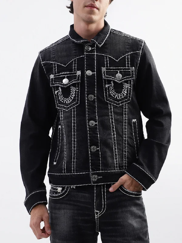 True Religion Men Black Printed Collar Jacket