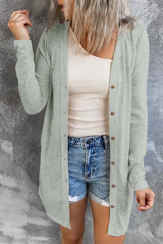 Open-front Buttoned Thigh-high Length Cardigan