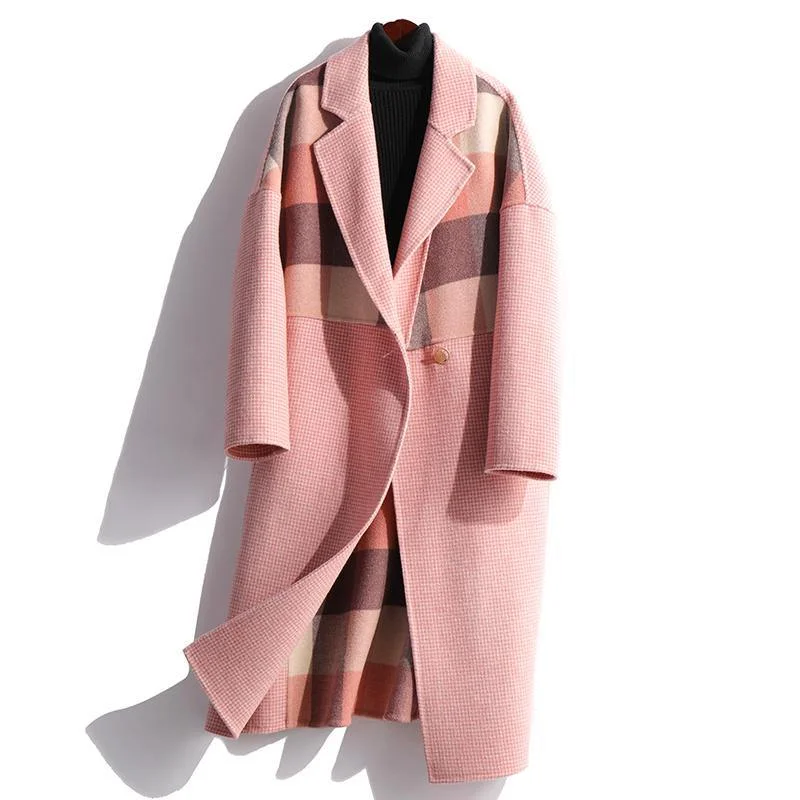 Elegant Pink Plaid Wool Coat Oversize Medium Length Jackets Fall Coats Patchwork