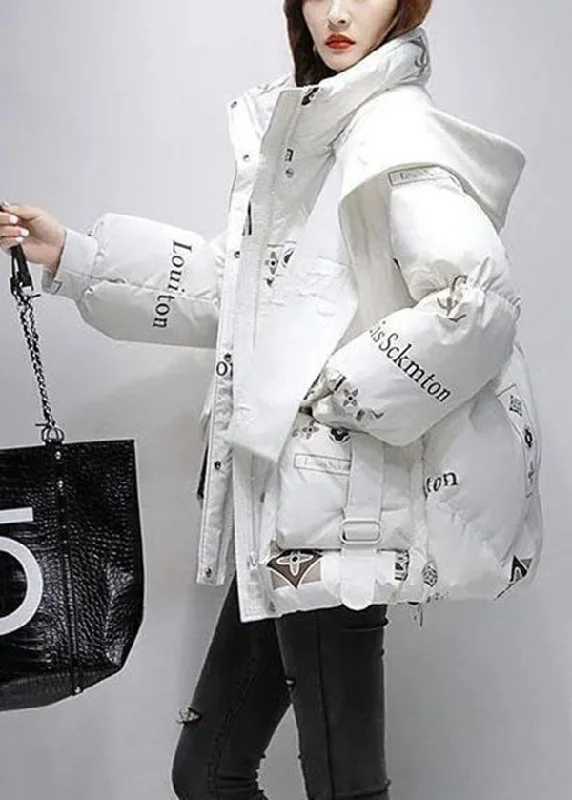 Fine White Hooded Letter Print Duck Down Puffer Jacket Winter