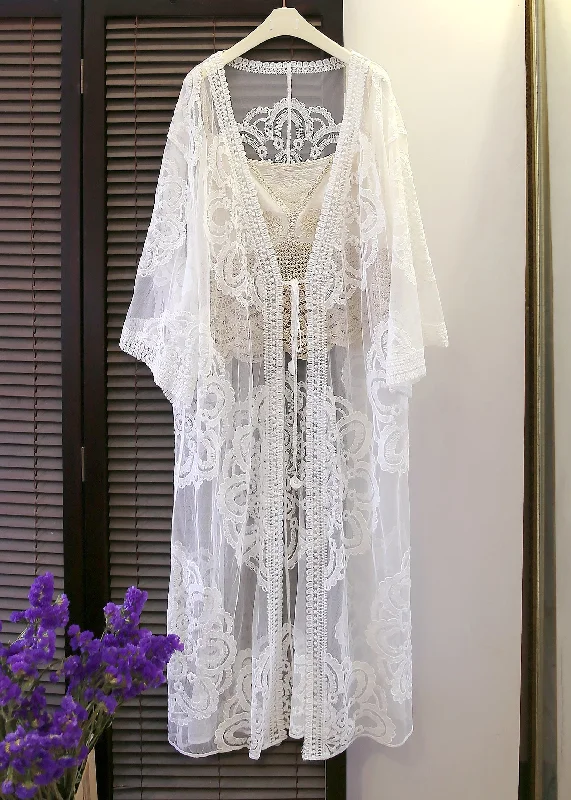 Loose White V Neck Embroideried Floral Tie Waist Lace Cardigan FlareSleeve