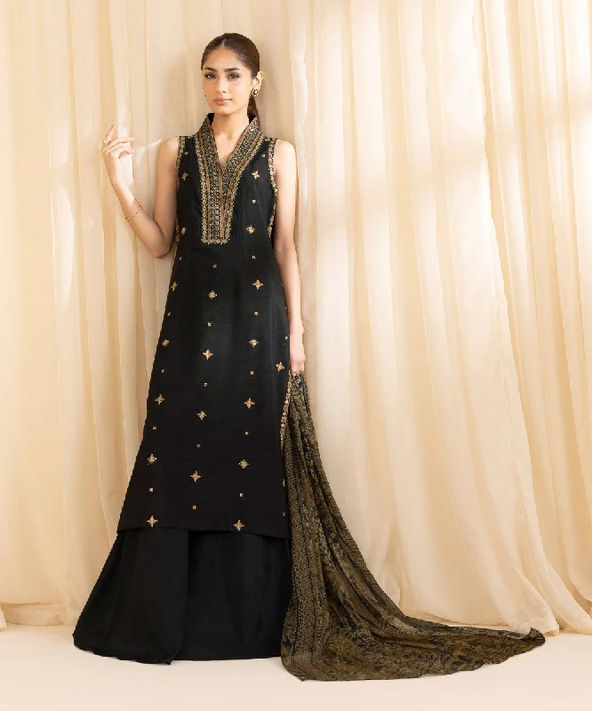 3 Piece -  Embroidered Raw Silk Suit